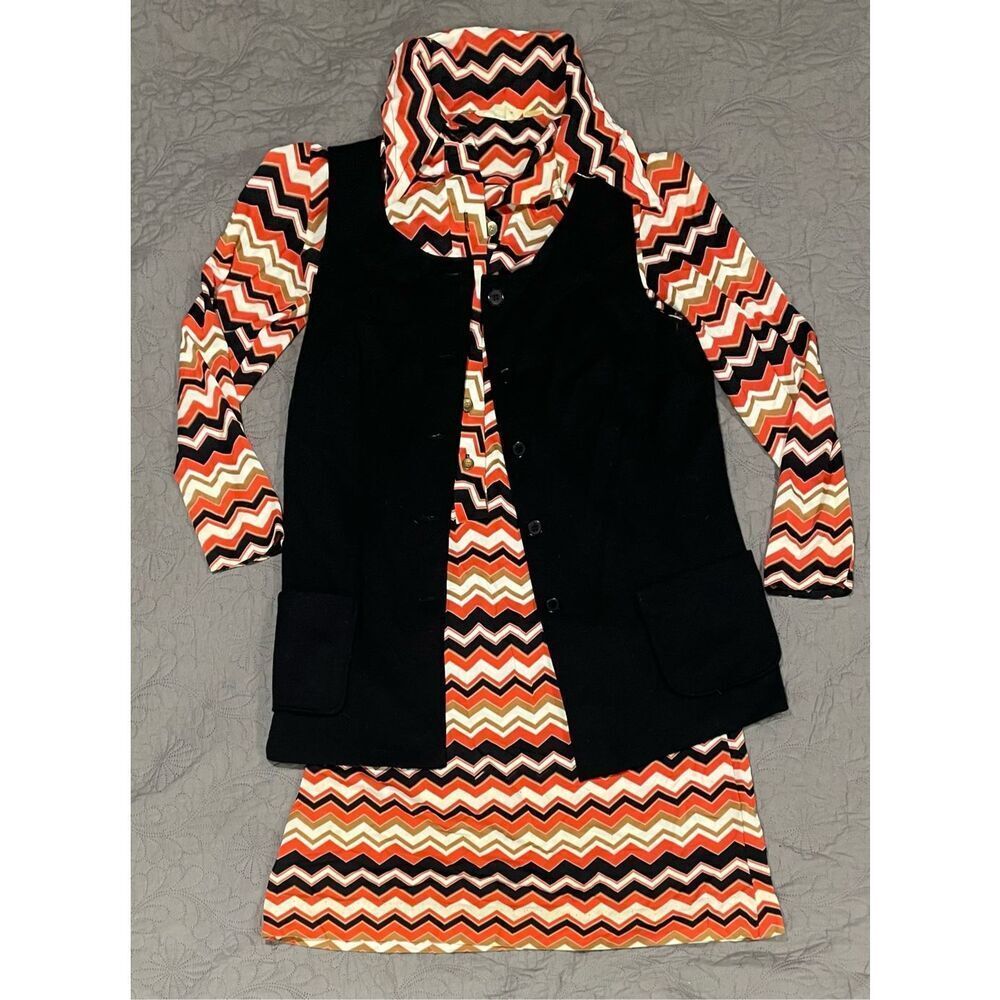 Sears Fashions Vintage 2 Piece Orange Black Chevron Dress and Vest 18